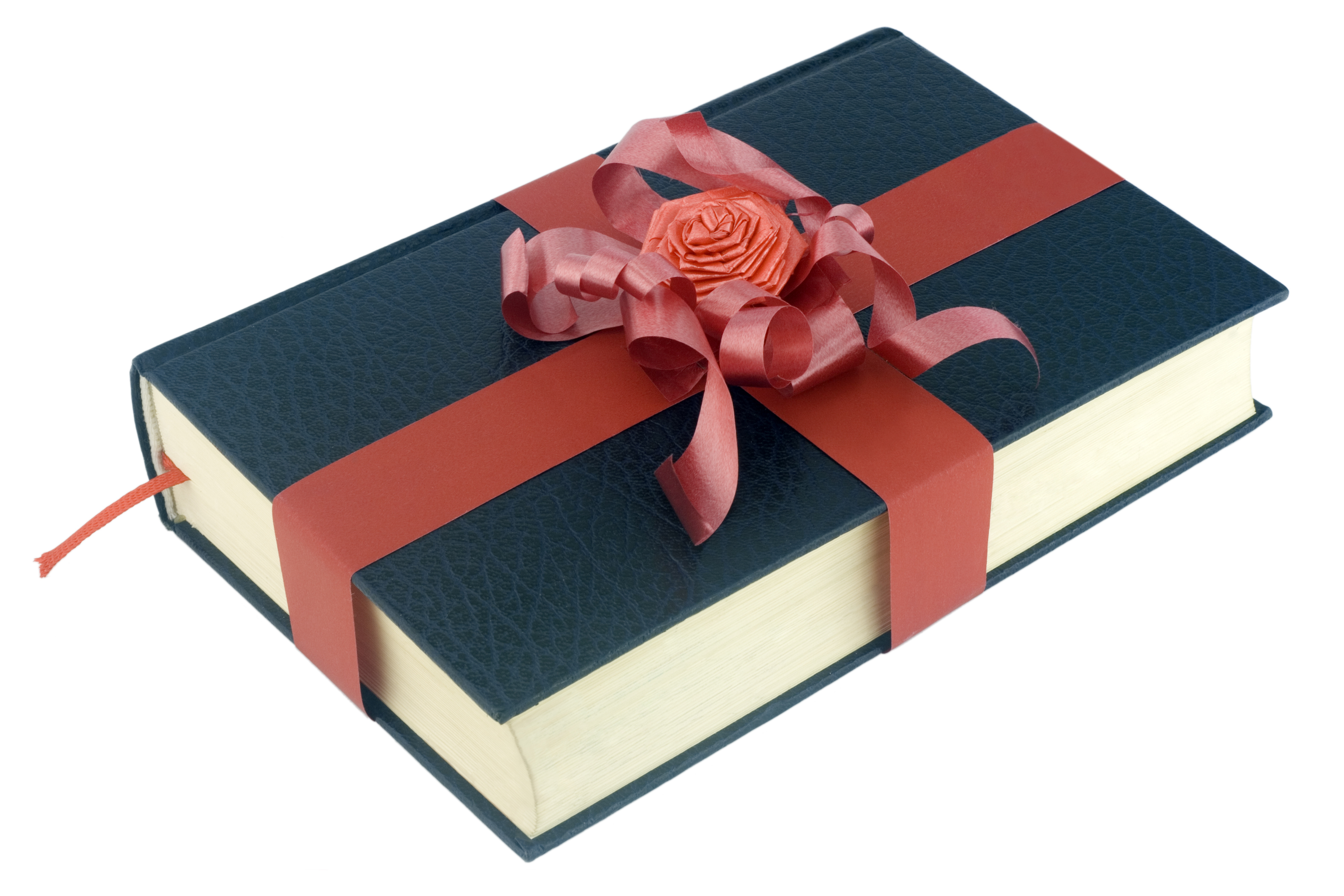 Red ribbon tied black book over white background